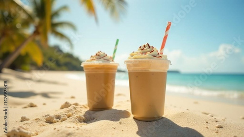 Two cold Frappe coffee on sandy beach near the sea, summer vacation concept