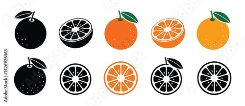 Orange Fruit Icons Set Whole Half Slice Black Orange