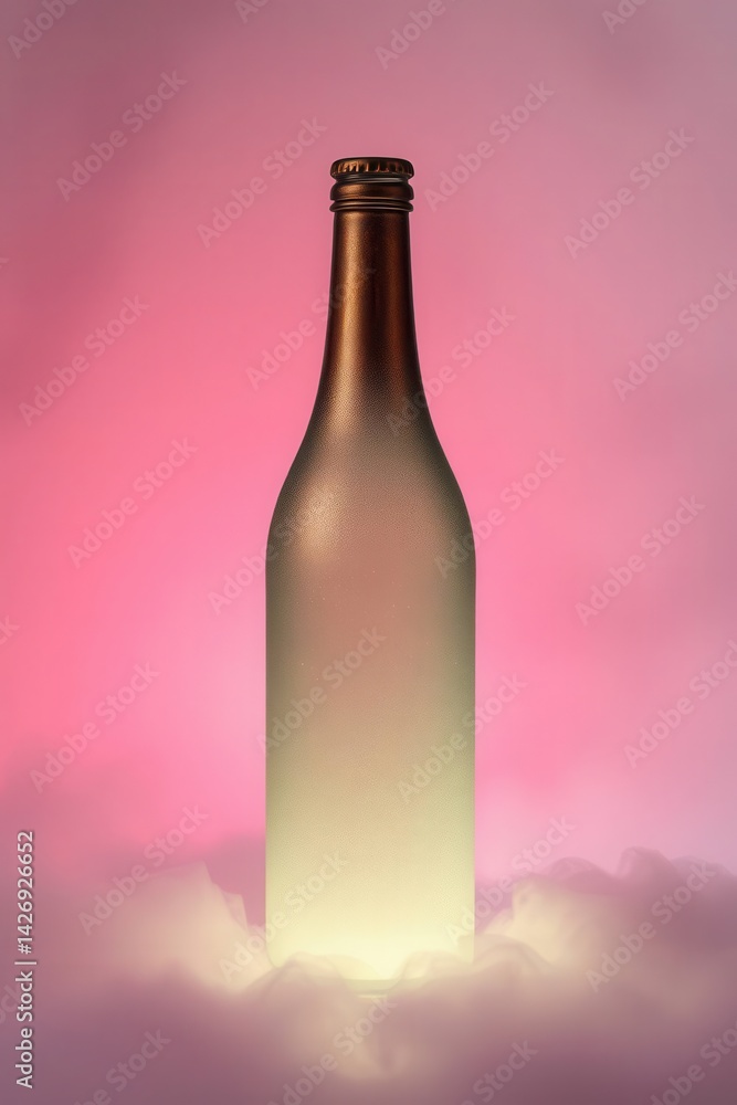 Elegant glass bottle with a gradient effect, radiating a soft glow against a vibrant pink background. Elegant glass bottle with a gradient effect, radiating a soft glow against a vibrant pink background.