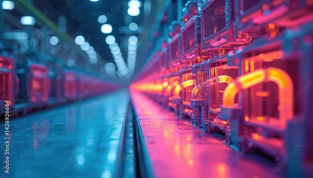 Industrial thermal imaging shows factory machinery, heat map with temperature differences. Focus on piping infrastructure, energy consumption, tech, production efficiency. Modern manufacturing,