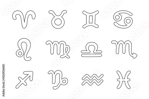Zodiac Signs doodle vector set of isolated outline astrological elements. Twelve Zodiac symbols black and white illustration. Cute simple design astrology clipart collection