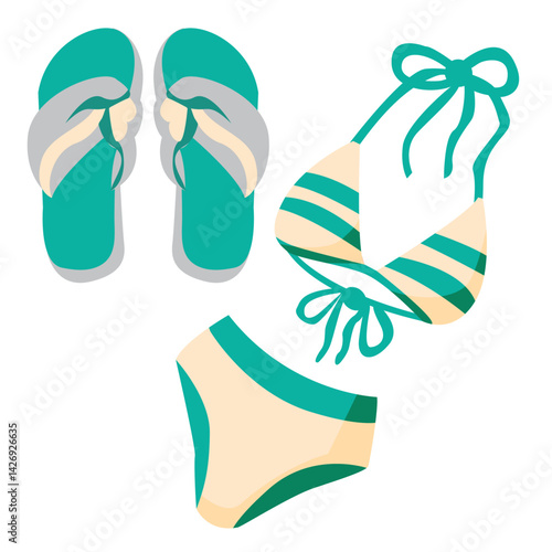 Vector drawing of bikini swimsuit beach flip flops.  On a transparent background.
