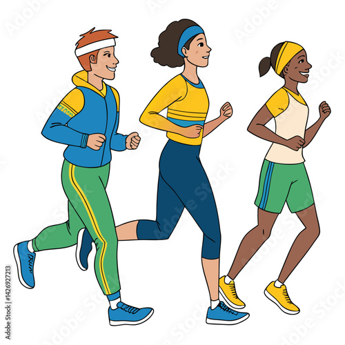 Diverse group jogging in colorful athletic wear