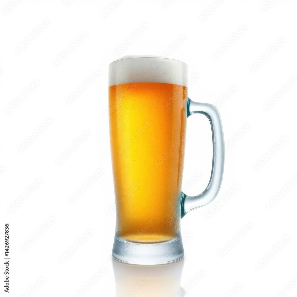 Refreshing pint of golden beer with a thick white head in a glass mug, isolated on a clean backdrop. Refreshing pint of golden beer with a thick white head in a glass mug, isolated on a clean backdrop.