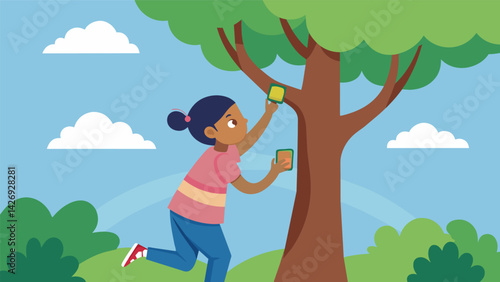 A young girl stands on her tip toes to reach a geocache hidden high up in a tree guided by the GPS coordinates shes carefully entered.. Vector illustration