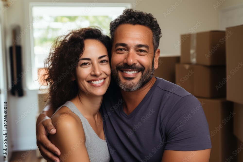 Portrait of a smiling middle age Hispanic couple in empty home after moving in Portrait of a smiling middle age Hispanic couple in empty home after moving in