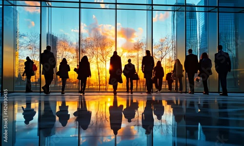 Silhouetted people walking in modern building with sunset shining through the windows