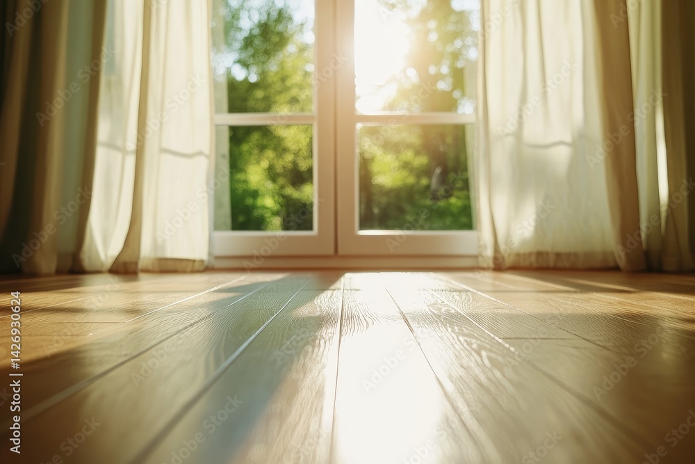 Fototapeta premium Bright interior with wooden floor window and curtains sunlit room for home design and architecture
