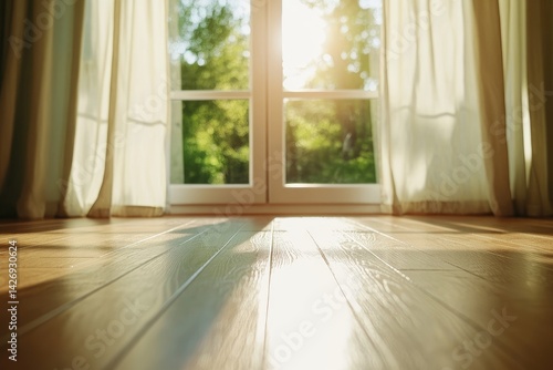 Bright interior with wooden floor window and curtains sunlit room for home design and architecture