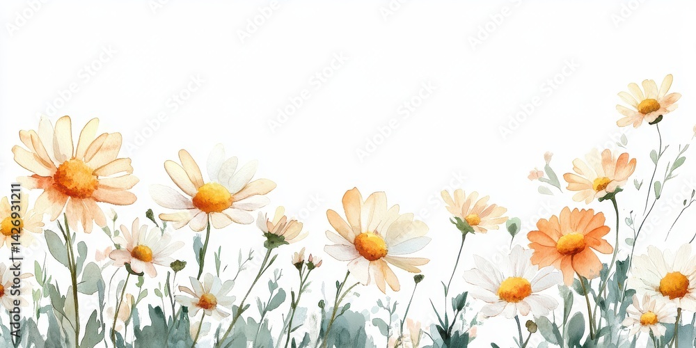 Obraz premium Artistic floral border card featuring daisies in watercolor