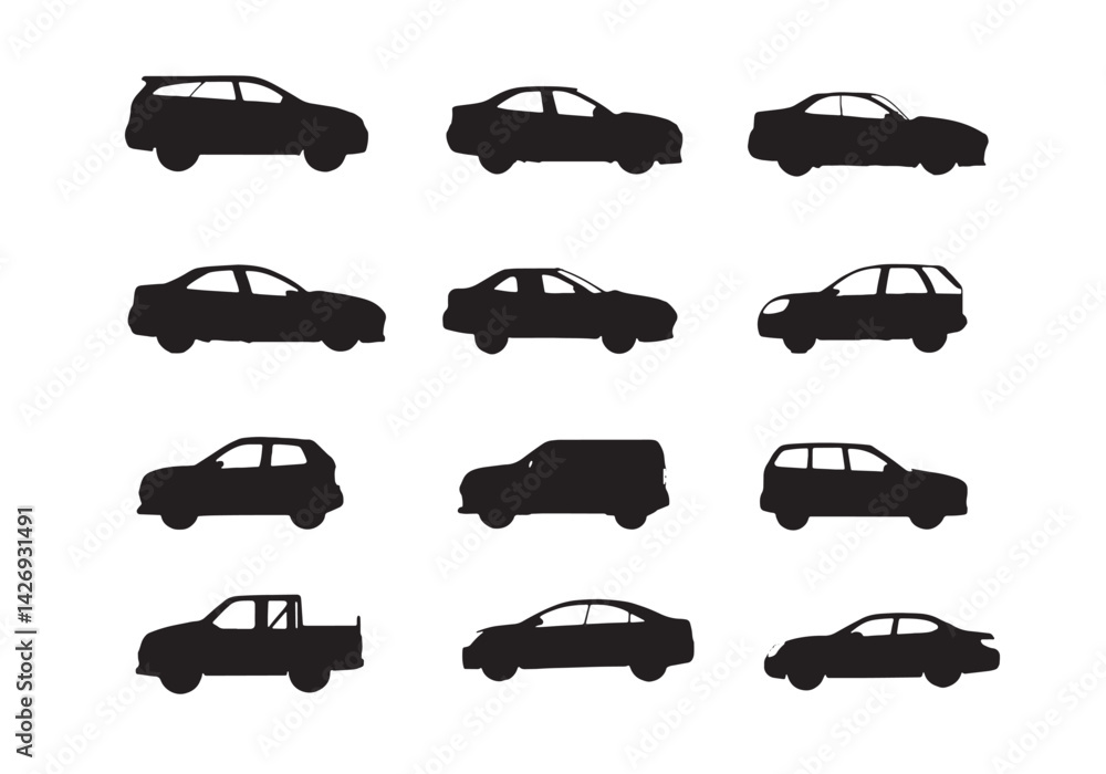 A black vector set of car icons illustrates various auto vehicles and transportation silhouettes A black vector set of car icons illustrates various auto vehicles and transportation silhouettes