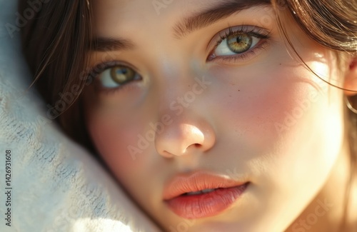 Close-up portrait beautiful young woman. Girl with green eyes. Brunette hair, natural beauty. Soft skin, healthy face. Fresh look, perfect skin. Ideal for cosmetics and beauty products promo.