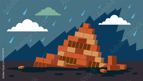 The once straight and level piles of bricks and lumber are now askew as the rain has caused them to shift and sink.. Vector illustration