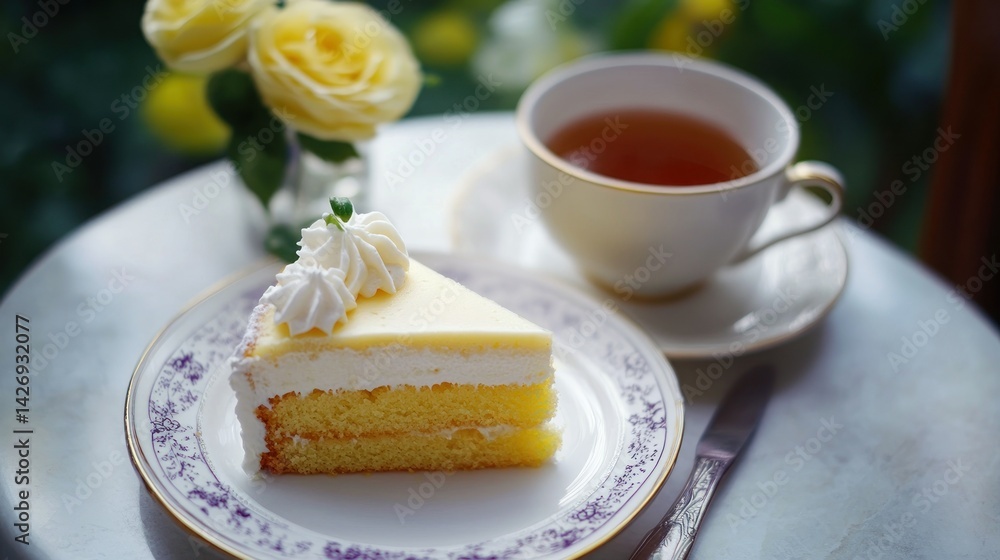 Elegant Afternoon Tea Featuring Cake, Tea, and Yellow Roses Elegant Afternoon Tea Featuring Cake, Tea, and Yellow Roses