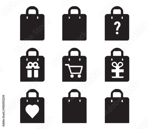 A stylish vector set of shopping bag icons showcases a collection of black and brown leather handbags and purses, essential fashion accessories for personal shopping