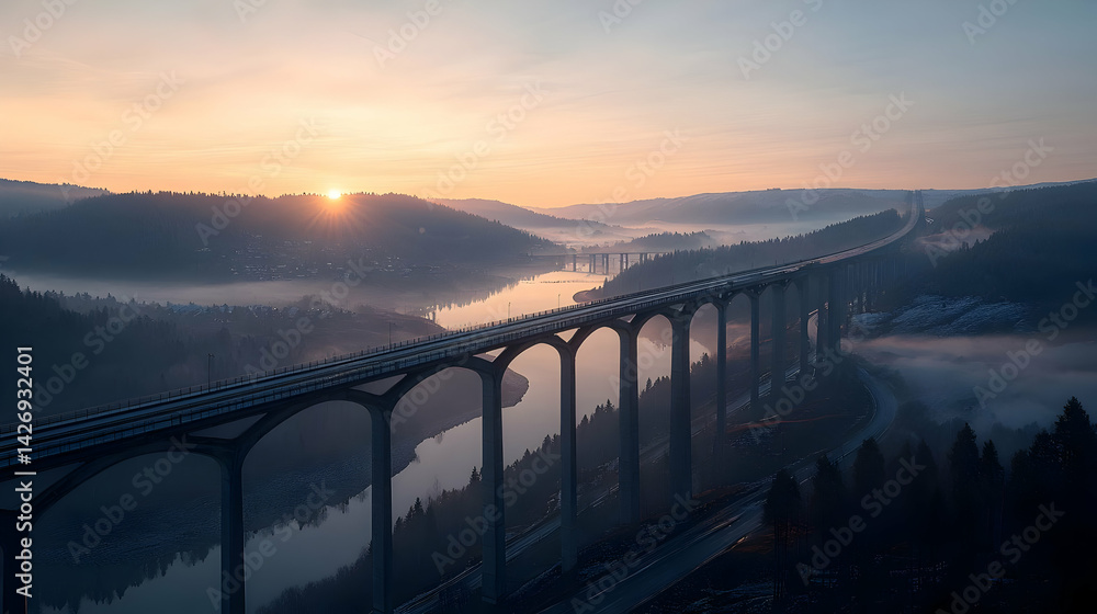custom made wallpaper toronto digitalSunrise Over Highway Bridge With Misty Valley Landscape