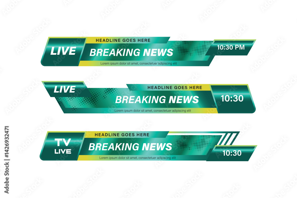 Obraz premium Set of bundles breaking news gradient green yellow lower third banner isolated