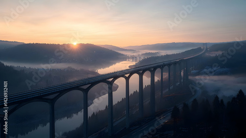 Wallpaper Mural Sunrise Over Highway Bridge With Misty Valley Landscape Torontodigital.ca