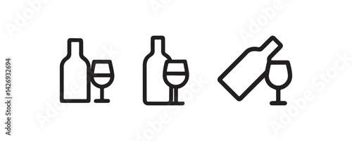 Wine bottle and glass icon set in black Vector