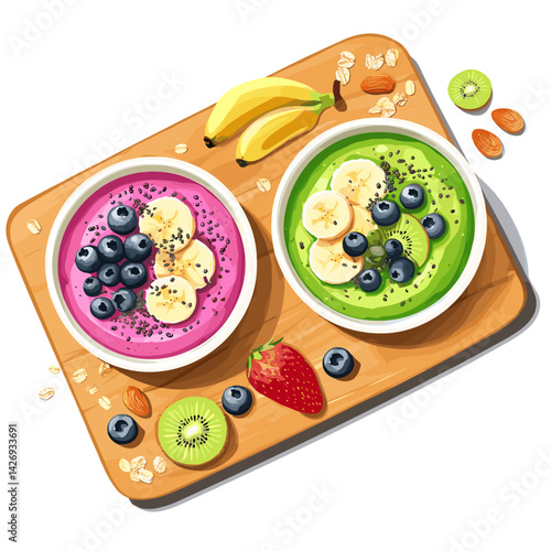 Colorful Smoothie Bowl Board with Fresh Fruits and Oats
