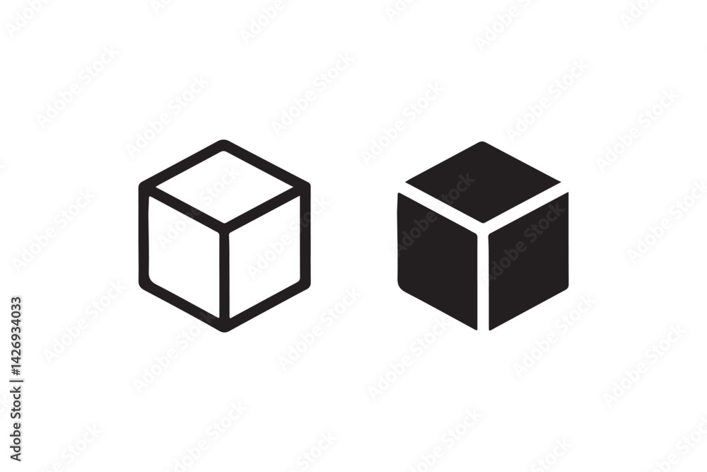 3D cube icon in outline and solid style Vector 3D cube icon in outline and solid style Vector