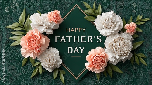 A "Happy Father's Day" note framed by abstract triangular arrangements of white and peach carnations, set against a rich green fabric with intricate botanical details.