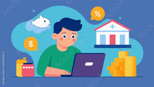 A student staring at their bank account with a frown counting every penny to make sure they can afford textbooks and basic living expenses. Before. Vector illustration