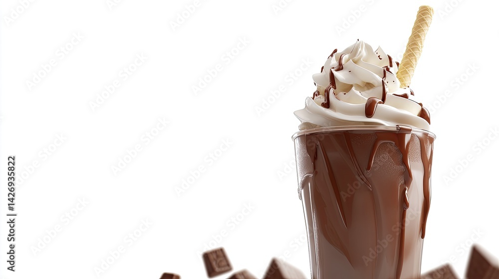 3D iced chocolate drink with whipped cream and wafer stick, isolated on white with rich detail