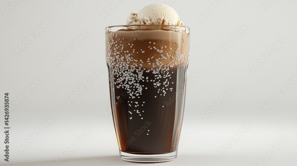 3D cartoon glass filled with soda and vanilla ice cream float, creamy bubbles rising, on white background