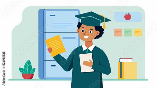 A graduate proudly displays their Paid in Full student loan document on the fridge a constant reminder of their achievement.. Vector illustration