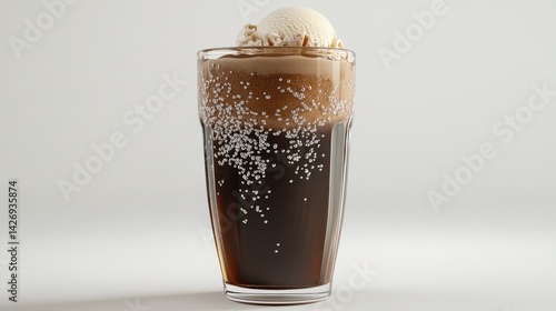 Obraz na płótnie 3D cartoon glass filled with soda and vanilla ice cream float, creamy bubbles rising, on white background w salonie