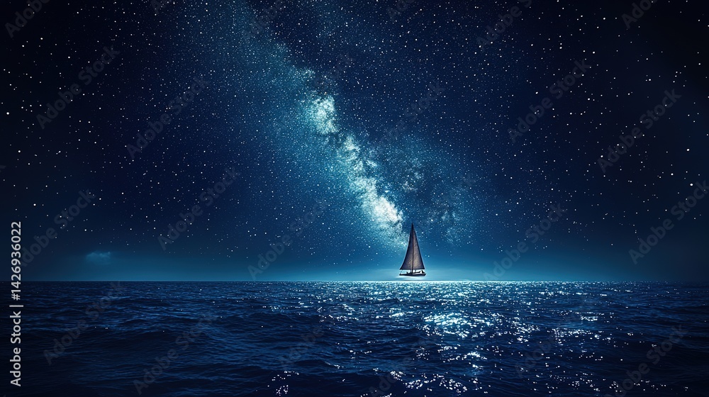 Obraz premium Majestic sailboat adrift under a spectacular night sky, filled with the Milky Way. Deep blue ocean reflects the starry expanse above
