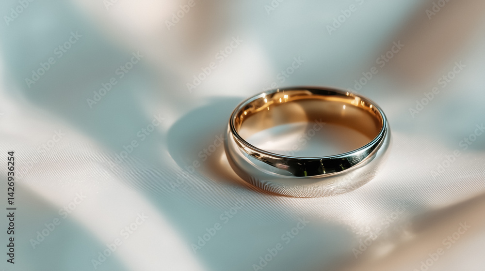 Metal wedding ring band on a soft, light-colored fabric.