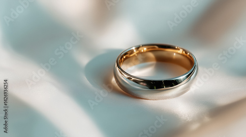 Obraz na płótnie Metal wedding ring band on a soft, light-colored fabric. w salonie