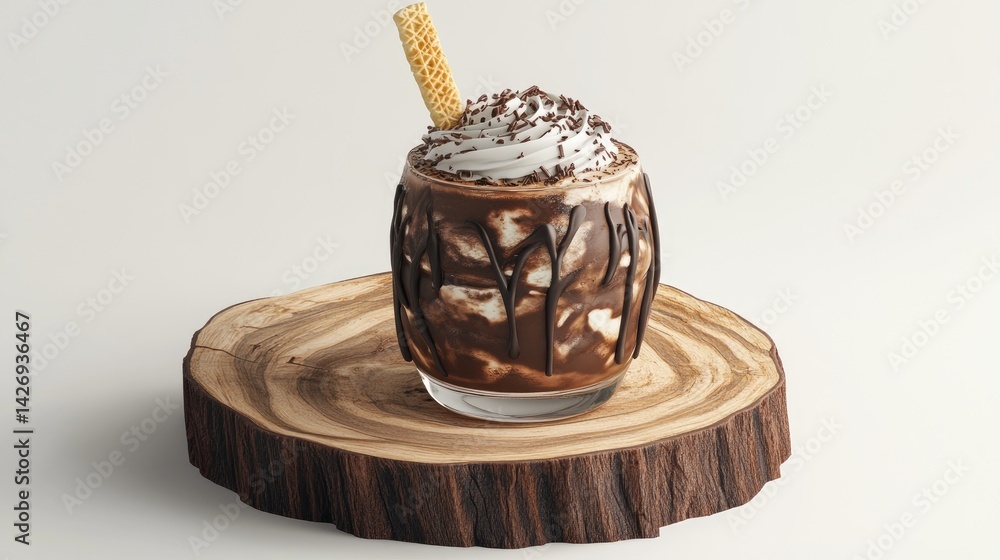 3D iced chocolate drink with whipped cream and wafer stick, isolated on white with rich detail