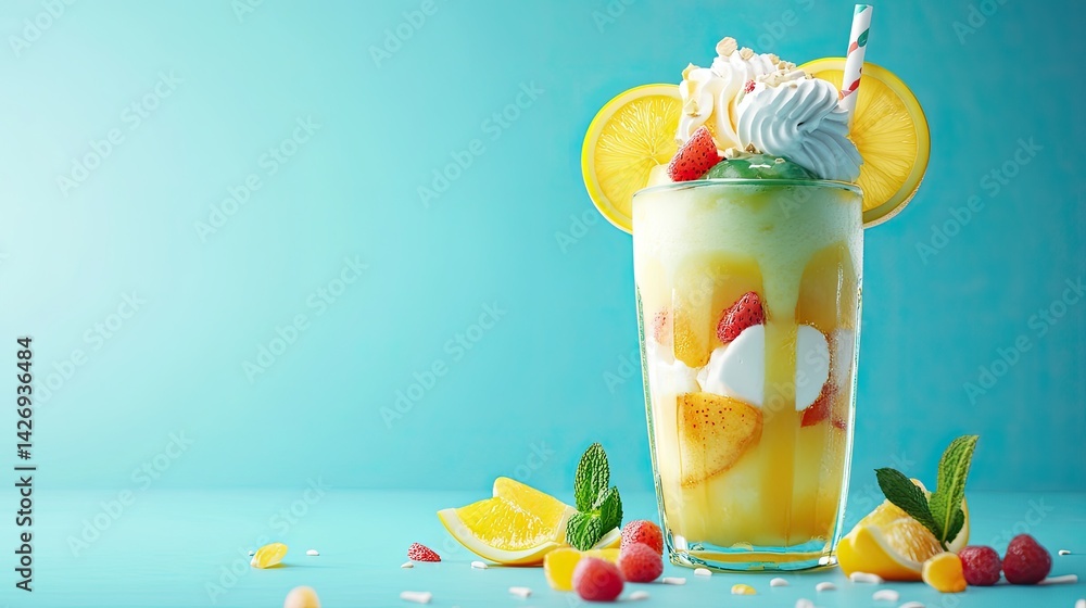 3D lemon soda topped with ice cream and fruit slices, cartoonish texture, clean background
