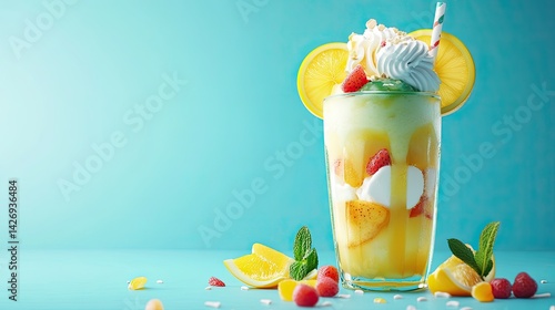 Obraz na płótnie 3D lemon soda topped with ice cream and fruit slices, cartoonish texture, clean background w salonie