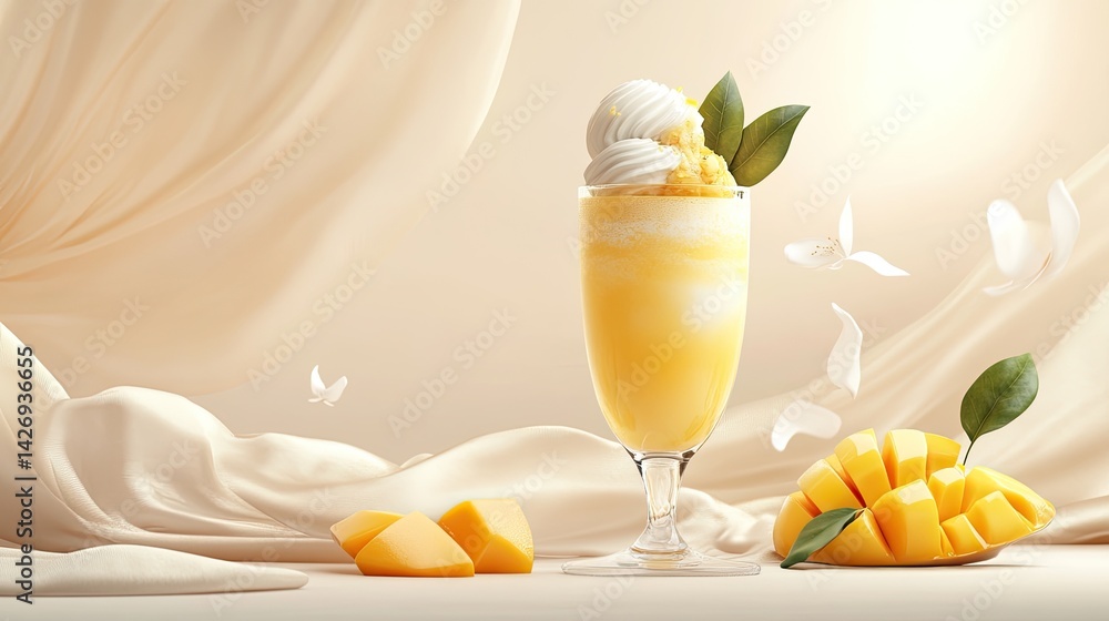 3D sweet mango drink with scoop of ice cream, cute and colorful design, realistic textur