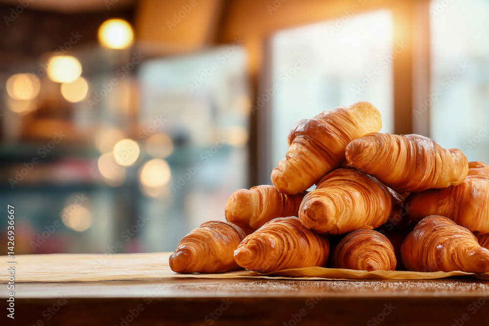 Pile of golden croissants on a wooden surface in a warm bakery.