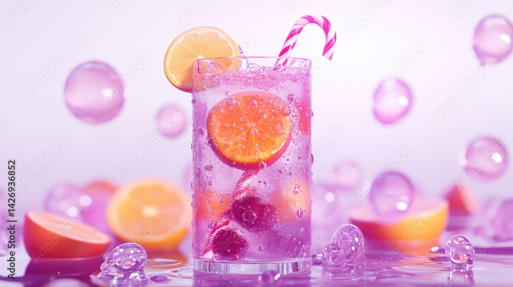 A 3D-rendered cartoon mocktail with floating fruit slices and candy cane straw, filled with gradients and glossy bubbles, under purple lights against a stark white backdrop.