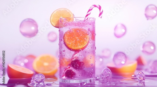 Obraz na płótnie A 3D-rendered cartoon mocktail with floating fruit slices and candy cane straw, filled with gradients and glossy bubbles, under purple lights against a stark white backdrop. w salonie