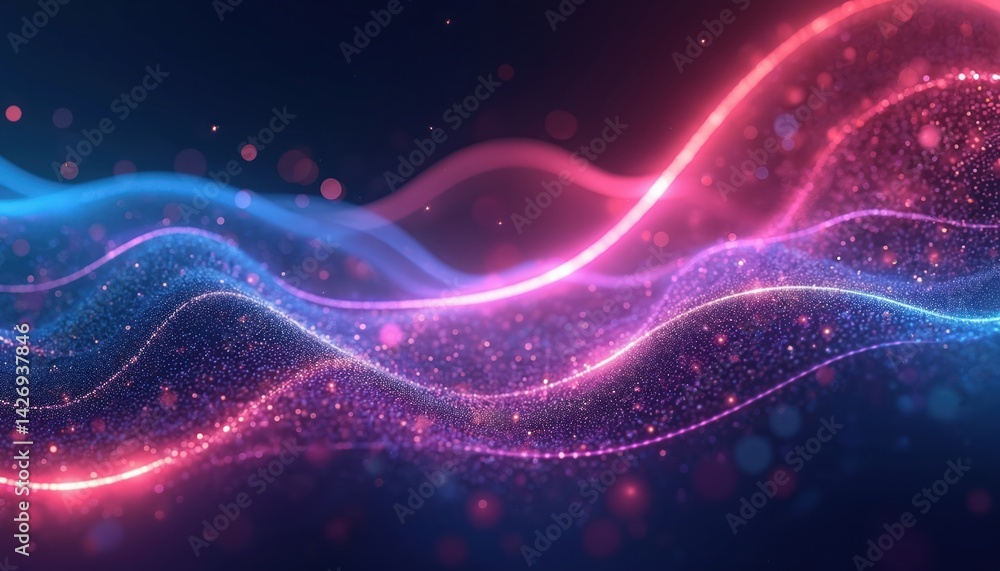 Abstract neon wave background with bright glowing lines, dots. Futuristic digital art design with vibrant purple, pink, blue gradient colors. Modern tech illustration with light effect. Abstract neon wave background with bright glowing lines, dots. Futuristic digital art design with vibrant purple, pink, blue gradient colors. Modern tech illustration with light effect.