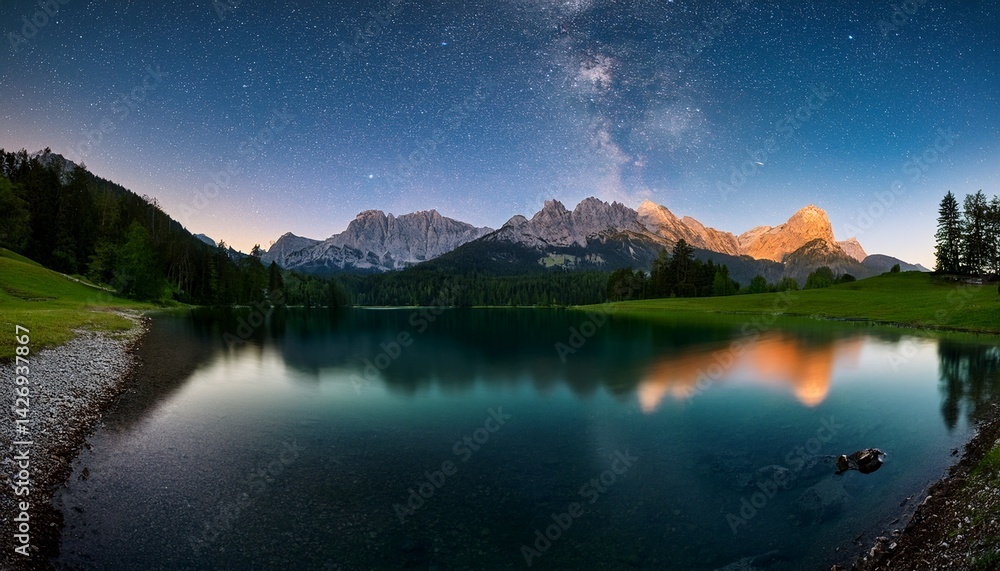 Obraz premium berge und see unter sterne forggensee panorama