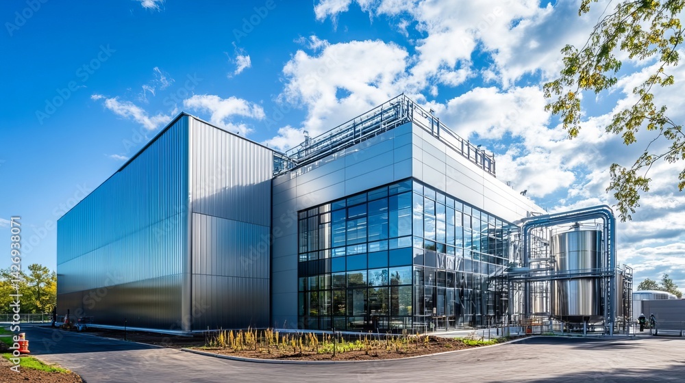 A gleaming stainless steel tank dominates the frame, set against a vibrant blue sky. Modern industrial architecture is captured in bright daylight A gleaming stainless steel tank dominates the frame, set against a vibrant blue sky. Modern industrial architecture is captured in bright daylight
