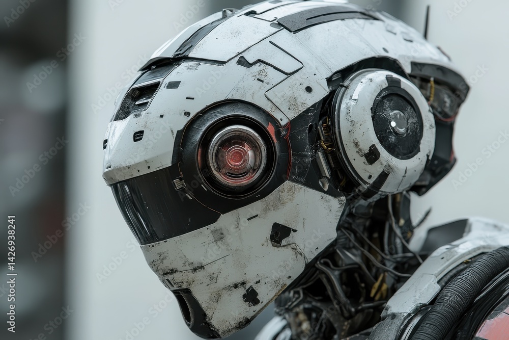 Fototapeta premium Closeup portrait of a futuristic robot head showcasing intricate design and advanced technology, A close-up portrait of the robot, the robot turns its head looking at the viewer