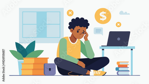 A student sits alone in the financial aid office trying to figure out how to cover their tuition gap without parental assistance.. Vector illustration