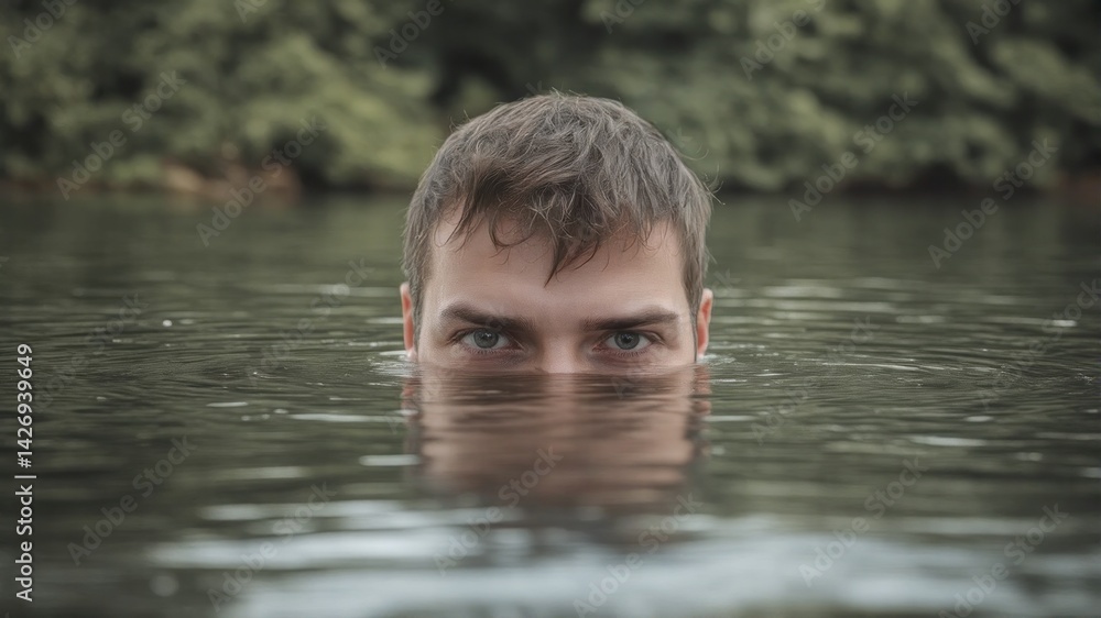 Fototapeta premium Person Partially Submerged in Water with Intense Stare and Nature Background