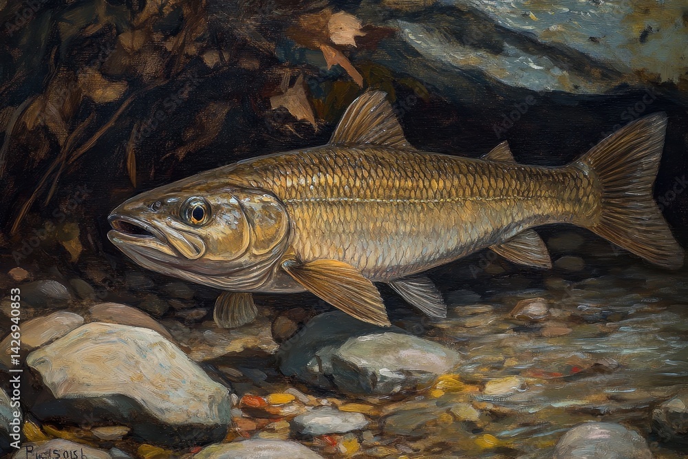 Fototapeta premium Eurasian common minnow Phoxinus phoxinus exploring fresh waters among pebbles and leaves, Eurasian common minnow (Phoxinus phoxinus) in fresh water stream