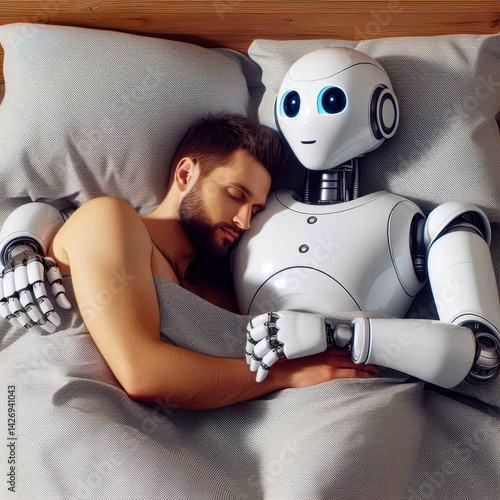 Couple sharing an intimate moment in bed, featuring a humanoid robot and a man in a cozy bedroom setting