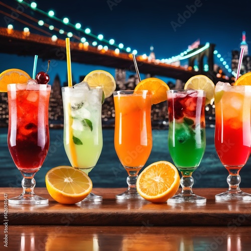Alkohol cocktails in glasses against bridge city